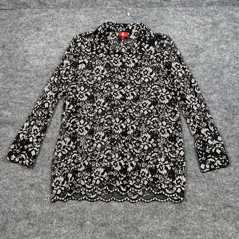 From The Heart Women Black White Floral Lace Button Down Shirt Scalloped Hem S